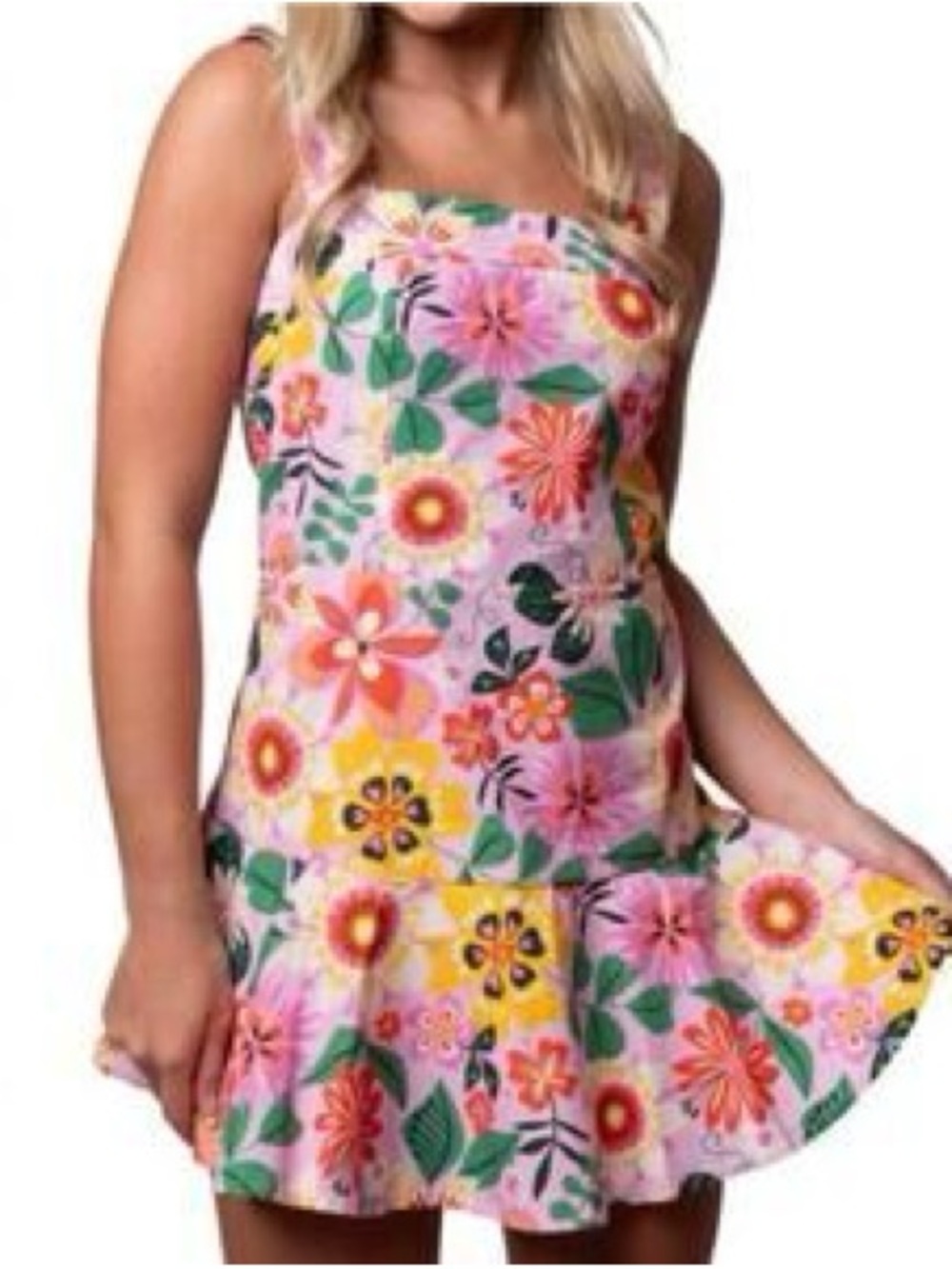 Pink Floral Tiered Sundress with Green & Yellow Accents